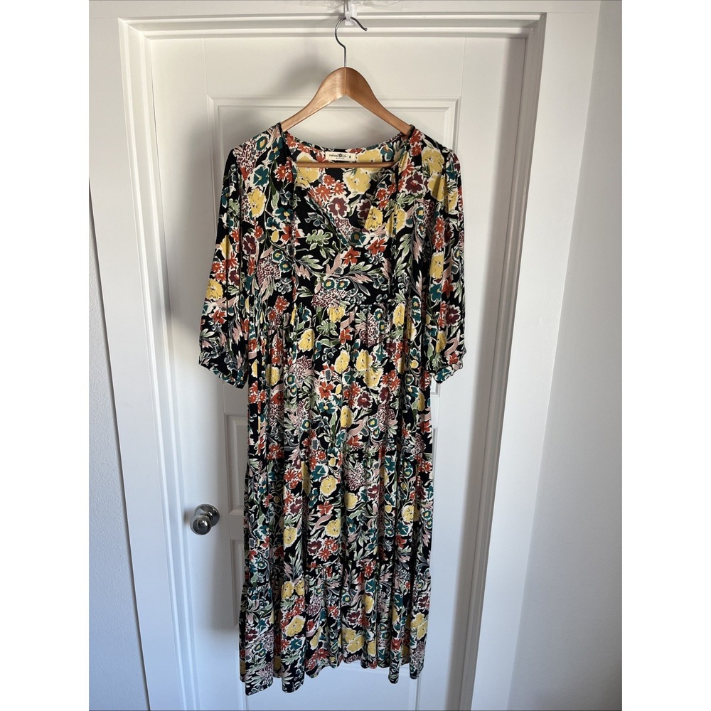 Natural Life Black Floral Tiered Maxi Dress  Necktie  Cottage Core Boho Chic  M - Picture 2 of 13
